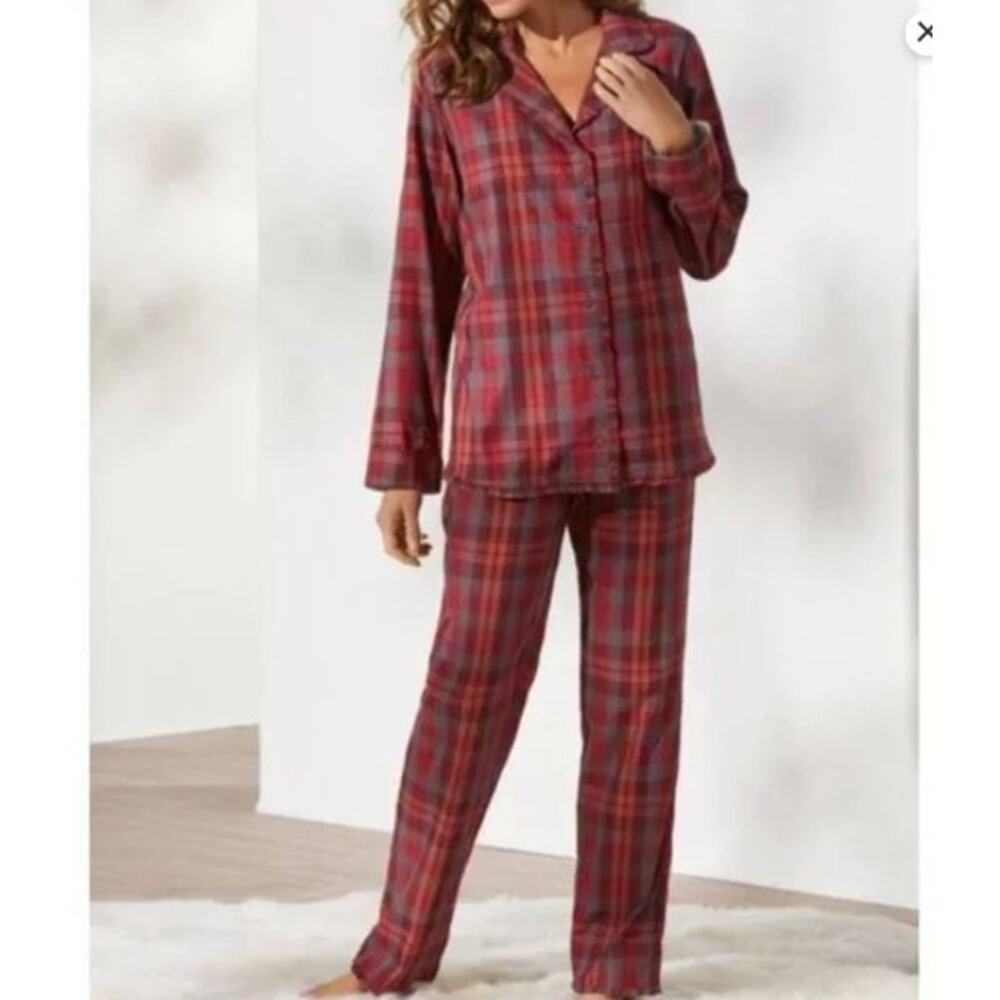Soft Surroundings Pajama Set Red Gray Plaid - Small Night Divine Ruffle Comfy